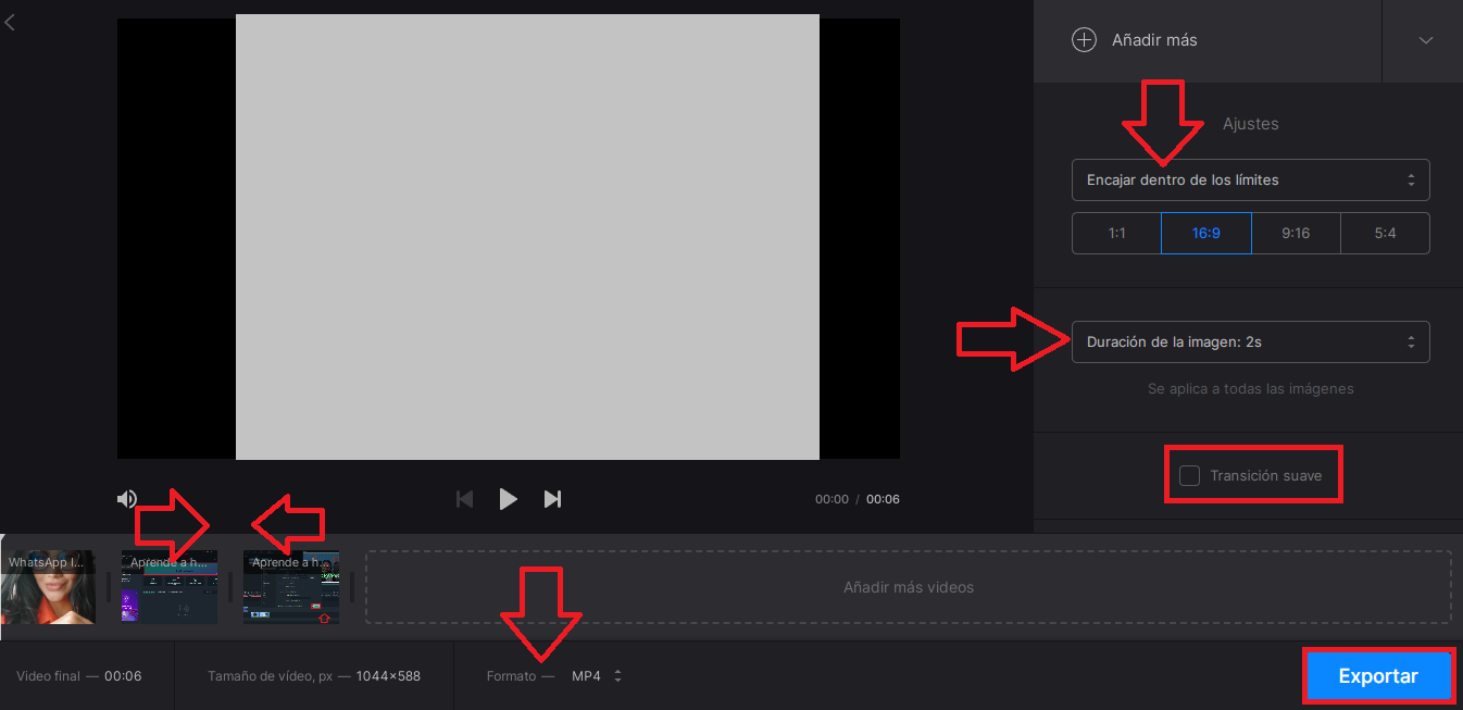 ¿Cómo hacer un vídeo con fotos y música con una herramienta online? En la red, puedes encontrar diferentes herramientas en línea que te proveen las funciones necesarias para hacer un vídeo con fotos y música. La principal ventaja de crearlo de esta manera, es que no necesitas descargar ni instalar nada en tu ordenador. En este caso, haremos uso de una herramienta llamada Clideo. La cual, se trata de una plataforma online que consiste en una recopilación de herramientas de edición de video para fusionar, comprimir, redimensionar vídeos y más. Así, permite hacer un vídeo con fotos y música de una forma muy práctica e incluso, gratuitamente; para hacerlo el procedimiento a seguir es este: 1. Entra a tu navegador web de confianza y busca “Clideo”, para elegir el resultado que contenga el siguiente dominio: clideo.com. Si prefieres ahorrarte dicha búsqueda, haz clic aquí para acceder directamente. 2. Cuando ingreses a la plataforma, tienes que buscar el apartado de “Crear vídeos con fotos”, que permite hacer un vídeo online con fotos, GIF, música y clips. Si optaste por entrar por medio del link que te dejamos, accederás directamente a esa sección. 3. Una vez ingreses a la página web indicada, pulsa el botón de “Subir archivos”, para poder importar fotos desde tu ordenador. También puedes subir elementos desde Google Drive, Google Photos y Dropbox, oprimiendo la flecha hacia abajo que contiene ese botón. 4. Ahora, cuando terminen de cargar todos los archivos de imagen seleccionados, se abrirá el editor de vídeo automáticamente. 5. A continuación, tienes la posibilidad de reacomodar las fotografías en el orden que prefieras, con solo hacer clic sobre cada una y deslizarla a la posición deseada. 6. Entre otras opciones, puedes silenciar el sonido original (si añadiste un vídeo), ajustar zoom y recorte, seleccionar las dimensiones y elegir la duración de cada imagen en el vídeo (la cual se aplica a todas las fotos, por defecto). 7. En caso de que quieras añadir una transición al vídeo, simplemente marca la casilla de “Transición suave” y listo. 8. Si necesitas agregar más elementos para completar el vídeo, dirígete a la parte superior derecha de la pantalla y haz clic en “Agregar más” para elegir las fotos o pistas de música que quieres. 9. Cuando finalices el proceso de edición, debes elegir el formato del resultado, en la parte inferior de la línea de tiempo. Ya sea MP4, AVI, FLV, MOV, MPEG, WMV, WEB, VOB u otros disponibles. 10. Para concluir, dirígete a la parte inferior derecha y haz clic en “Exportar”. Así, iniciará el proceso de exportación y podrás descargar el nuevo vídeo en tu ordenador. 