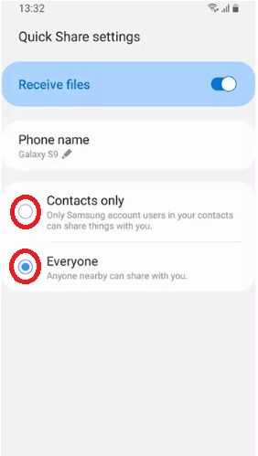 Ajustes de Quick Share: Elige quién puede compartir archivos contigo